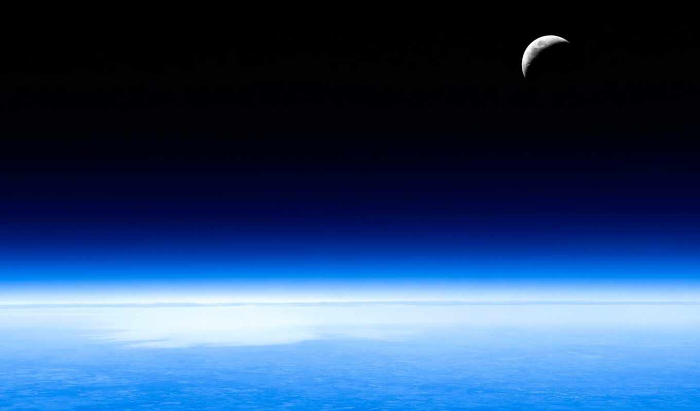 sky, blue, moon, land, space, atmosphere, crescent moon, horizon, reservoir, astronomical object